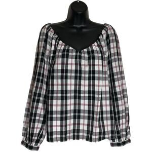 J Crew Shirt Womens XL Top V-Neck Plaid Long Sleeve Tie Back Preppy Beachy Boxy